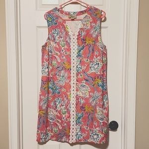 Charlie Paige Tropical Print Pink and Teal Linen Shift Dress, size large